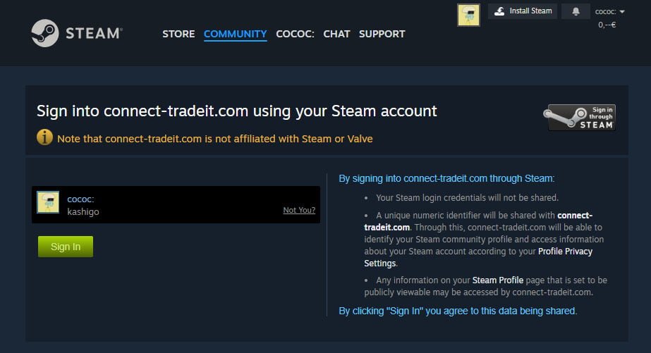 Anmeldung bei CS2 Trade Bot Sites über Steam