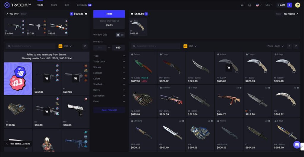 Select Items to Trade on CS2 Trade Bot Site TradeIt.gg