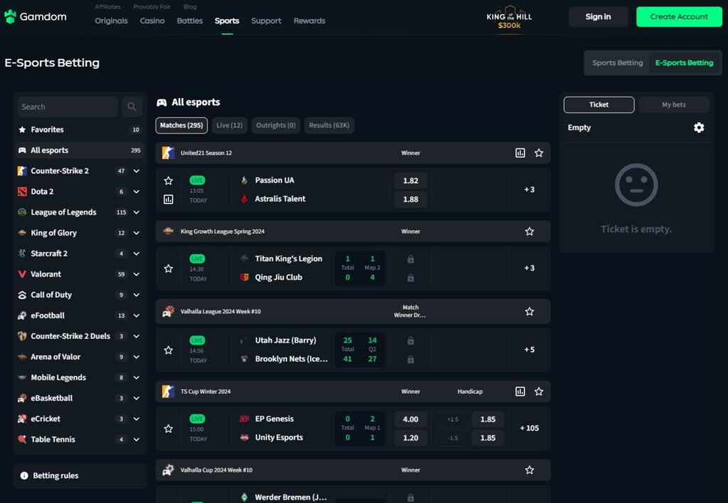 Sports and eSports betting page on Gamdom