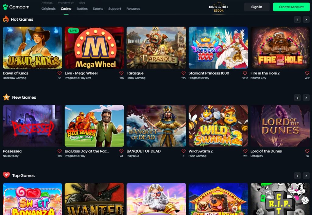 Selection of Casino games on Gamdom