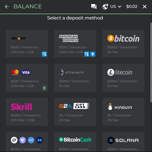 Payment methods available on DMarket