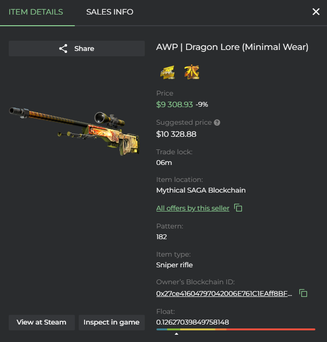 Detailed listing view of a Dragon Lore on DMarket