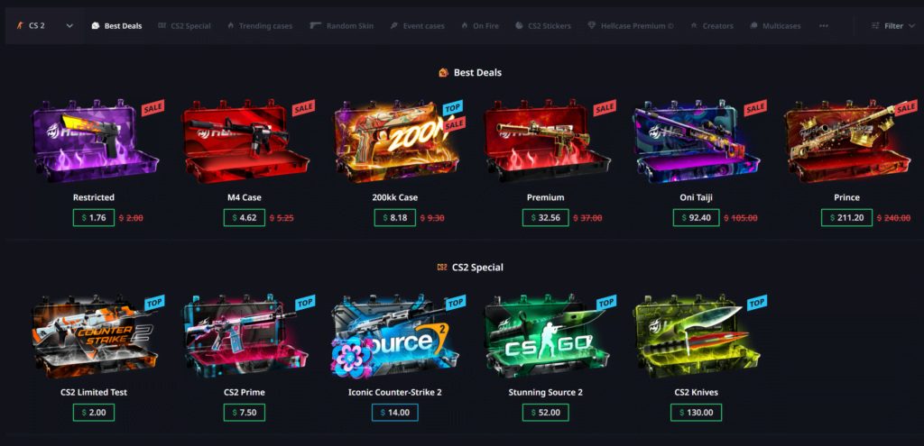Hellcase cases available in the case opening game