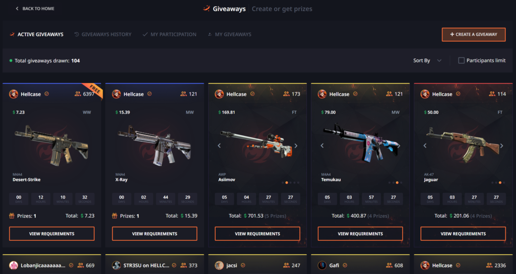 User created giveaways in the 'user giveaway' section at Hellcase